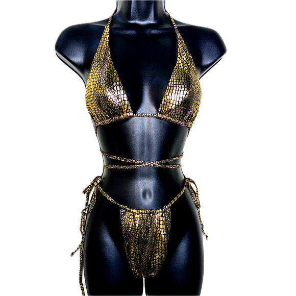 New Medium Metallic‎ Gold Fully Adjustable Bikini Swimsuit Set Triangle Padded - Picture 3 of 7